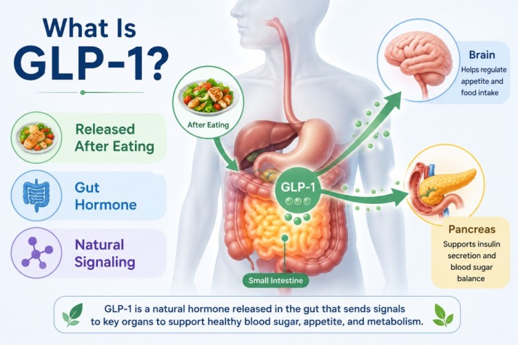 What Is GLP-1? Medical illustration showing GLP-1 released from the small intestine after eating and sending natural signals to the pancreas and brain to support metabolic health