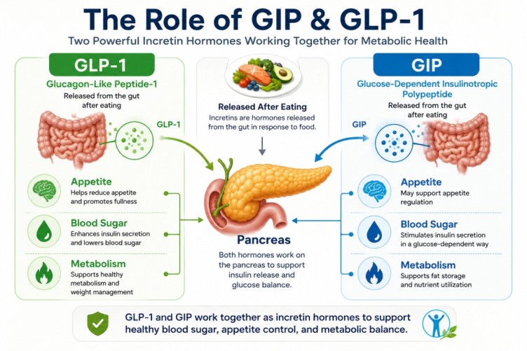 What Is GLP-1? Infographic comparing GLP-1 and GIP hormones, showing how they work with the pancreas to support appetite regulation, blood sugar balance, and metabolic health.