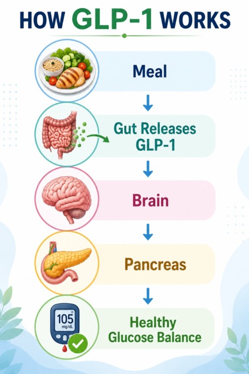 What Is GLP-1? Flow diagram showing how a meal triggers GLP-1 release in the gut, which sends signals to the brain and pancreas to support healthy blood sugar balance.