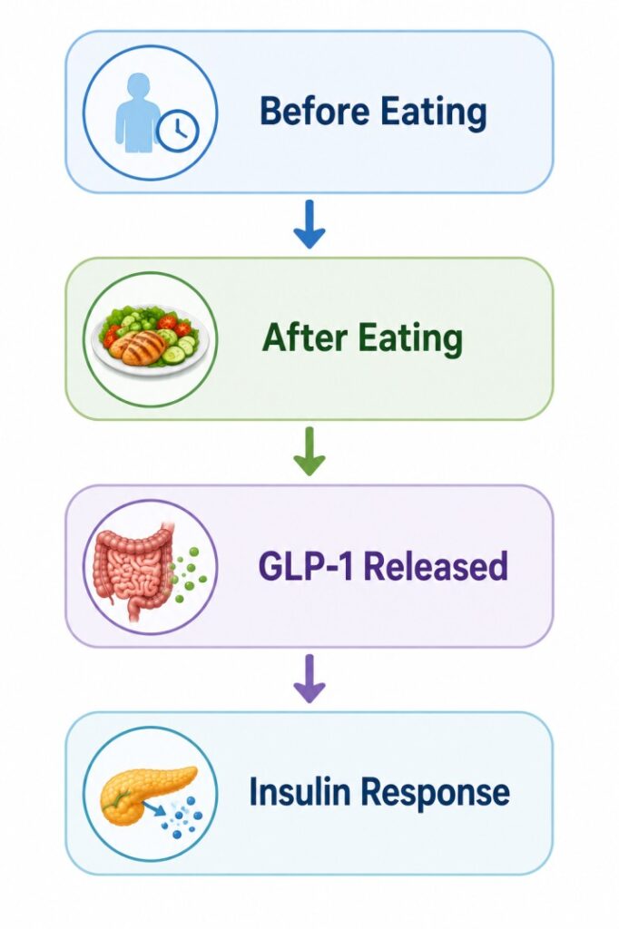 What Is GLP-1? Infographic illustrating the incretin effect, showing how eating triggers GLP-1 release and supports the body's natural insulin response after meals.