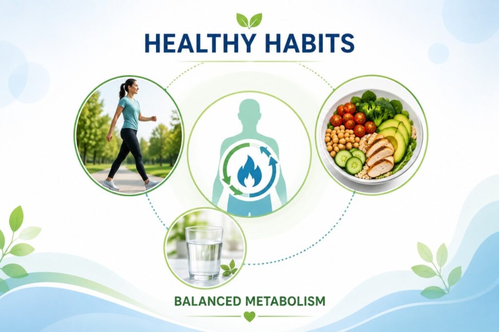 What Is GLP-1? Healthy lifestyle illustration showing walking, nutritious food, hydration, and daily habits that support balanced metabolism and overall metabolic health.