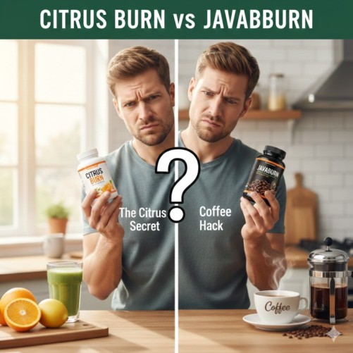Java Burn vs CitrusBurn 2026 Comparison: A confused man holding JavaBurn coffee supplement and CitrusBurn capsules, deciding which is best for weight loss.