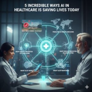 An infographic showing 5 incredible ways AI in Healthcare is saving lives, including rural anemia screening and smart sleep monitoring.