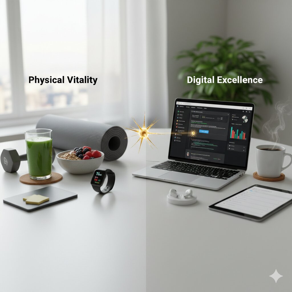 Smarter Living concept showing physical vitality with healthy food and digital excellence with AI on a laptop