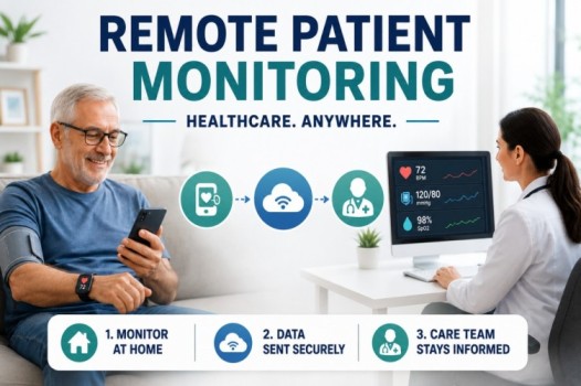 Remote Patient Monitoring 2026 feature image showing a patient using connected health devices while healthcare providers monitor vital signs remotely through secure digital technology.