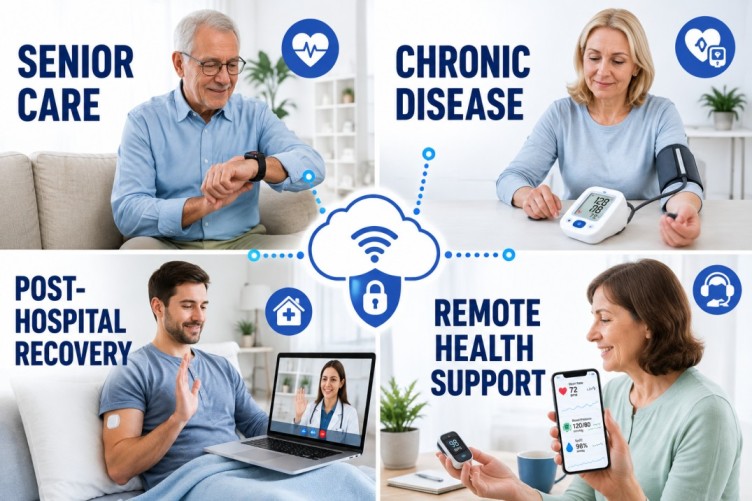 Remote Patient Monitoring 2026 illustration showing seniors, chronic disease patients, post-hospital recovery, and remote healthcare support through connected medical devices.