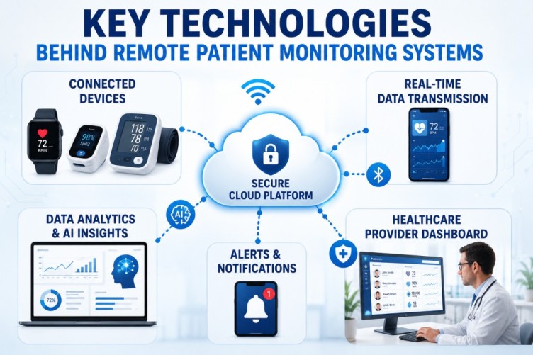 Remote Patient Monitoring 2026 infographic showing connected medical devices, secure cloud platform, AI-powered analytics, real-time data transmission, alerts, and a healthcare provider dashboard.
