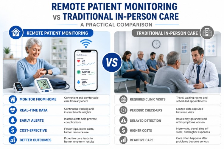 Remote Patient Monitoring 2026 comparison image illustrating remote healthcare at home versus traditional in-person hospital care, highlighting convenience, real-time monitoring, and connected patient management.