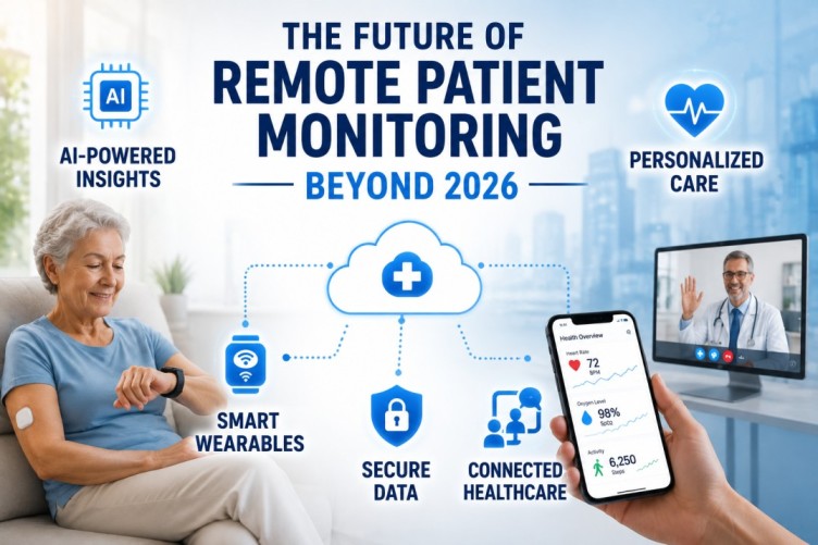 Remote Patient Monitoring 2026 future-focused illustration showing AI-powered healthcare, wearable medical devices, real-time patient monitoring, secure cloud connectivity, and smart hospital-at-home technology.