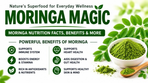 Moringa Nutrition Facts infographic showing Moringa Magic, key health benefits, antioxidant-rich moringa powder, and nutrient-rich Moringa oleifera leaves.