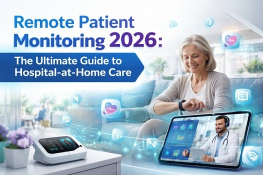 Remote Patient Monitoring 2026 showing a senior woman using a smartwatch for real-time health tracking with doctor monitoring remotely at home