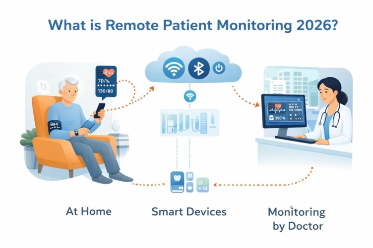 Remote Patient Monitoring 2026 process showing a patient using smart health devices at home with real-time data sent to a doctor for remote monitoring