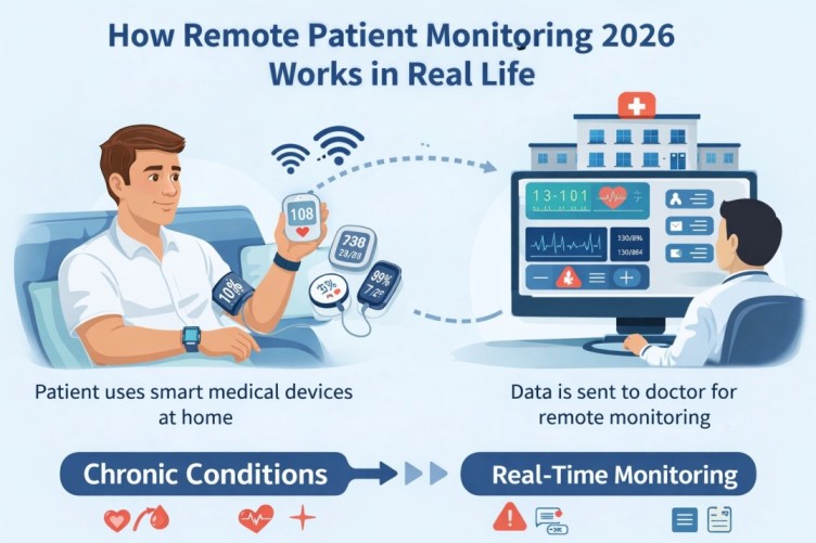 Remote Patient Monitoring 2026 working process showing smart health devices collecting patient data at home and sending it to doctors for real-time monitoring