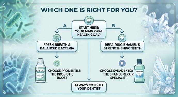 A decision-making flowchart from our ProDentim vs Synadentix Reviews 2026, helping users choose between ProDentim for probiotics and Synadentix for enamel repair based on their oral health goals.
