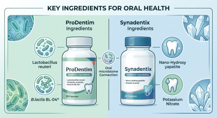 An infographic from ProDentim vs Synadentix Reviews 2026, comparing the key ingredients: ProDentim's probiotics (like L. reuteri) versus Synadentix's enamel repair formula (Nano-Hydroxyapatite)
