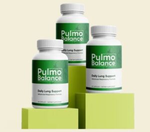 A bottle of Pulmo Balance supplement, a natural lung detox for smokers, next to a healthy lung illustration