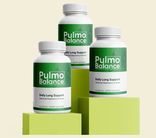 A bottle of Pulmo Balance supplement, a natural lung detox for smokers, next to a healthy lung illustration