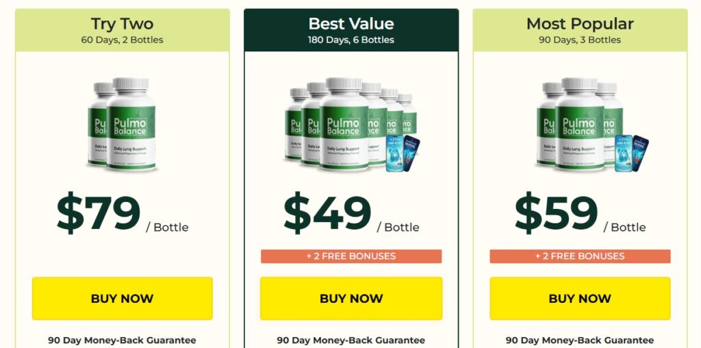 Image of Pulmo Balance pricing options for natural lung detox for smokers, showing two, six, and three bottle bundles with discounts.