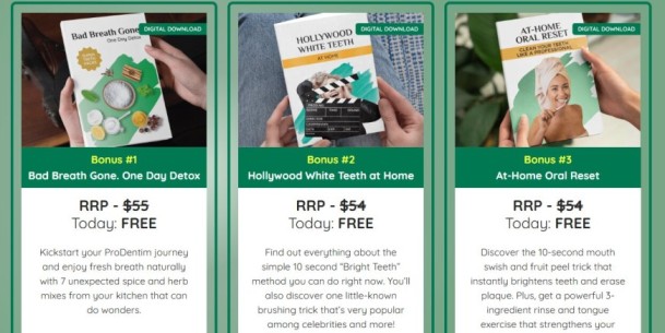 ProDentim vs DentiCore Review 2026: Free bonuses including Bad Breath Gone and Hollywood White Teeth guides with 3 and 6 bottle orders.