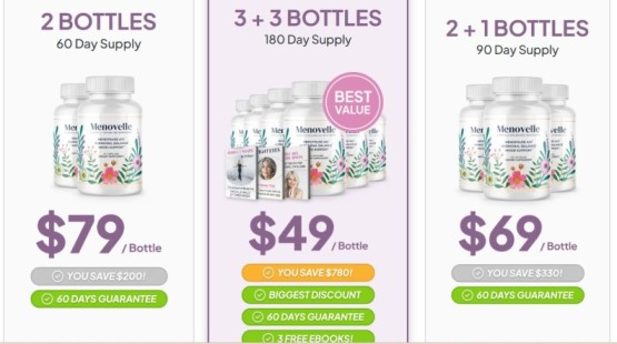 Menovelle supplement pricing packages showing 2 bottle, 3+3 bottle and 2+1 bottle deals – Menovelle Review 2026