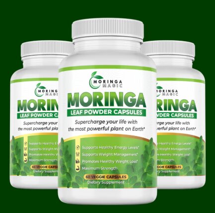 A bottle of Moringa Magic capsules displayed next to a detailed chart of Moringa Nutrition Facts.