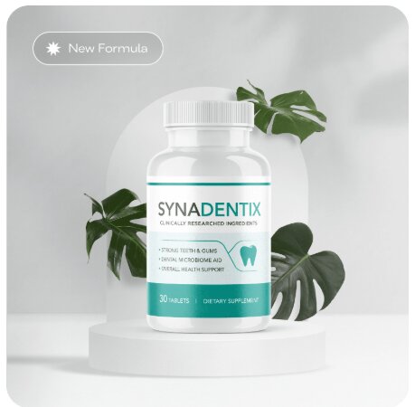 Synadentix dental supplement bottle shown in a ProDentim vs Synadentix Reviews 2026 comparison, highlighting the enzyme-based formula for nighttime enamel repair and brain protection.