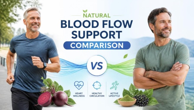 Nitric Boost Ultra vs EndoPeak comparison featuring natural blood flow support, healthy circulation, cardiovascular wellness, and active lifestyle for men