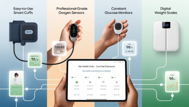 Remote Patient Monitoring 2026: Easy-to-use smart cuffs and digital weight scales showing connected health dashboard.