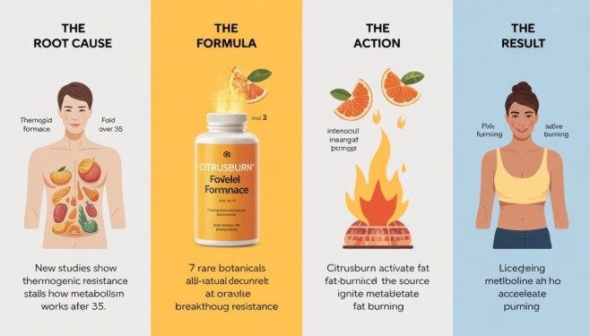 A 4-panel infographic comparing Mitolyn vs CitrusBurn to show how metabolism works, how metabolism increases through thermogenesis, and how metabolism helps in weight loss by breaking resistance for active fat burning.