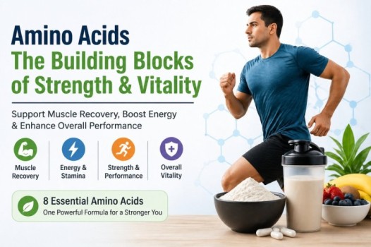 Amino acid supplements infographic showing benefits for muscle recovery, energy, stamina, and overall performance with active lifestyle visuals