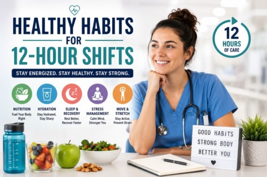 Healthy Habits for 12-hour shift workers showing hydration, healthy nutrition, sleep, stress management, stretching, and recovery tips to support overall workplace wellness.