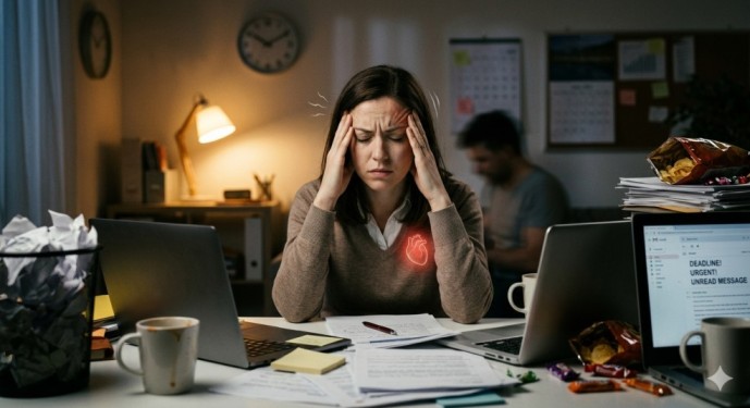 A stressed woman at a desk with visual indicators of a headache and rapid heartbeat, highlighting the symptoms that require one to know how to reduce stress naturally.