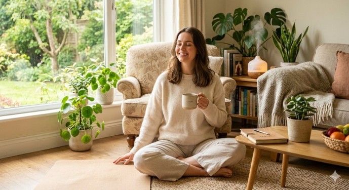 A calm woman sitting on a yoga mat in a sunlit room with indoor plants and a cup of tea, illustrating how to reduce stress naturally through relaxation and mindfulness.