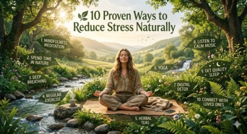 An infographic title '10 Proven Ways to Reduce Stress Naturally' with an illustration of a woman meditating in nature, surrounded by 10 tips to know How to Reduce Stress Naturally, including mindfulness, yoga, and connecting with loved ones.
