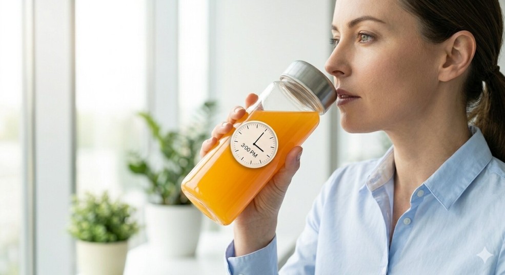 Close-up of a worker practicing Healthy Habits on a 12-hour shift by drinking an electrolyte-rich beverage from a clear bottle..