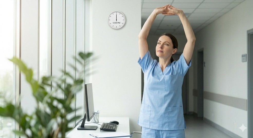 A healthcare worker, wearing light blue scrubs, performs a simple standing micro-stretch to maintain Healthy Habits and prevent muscle fatigue during a 12-hour shift.