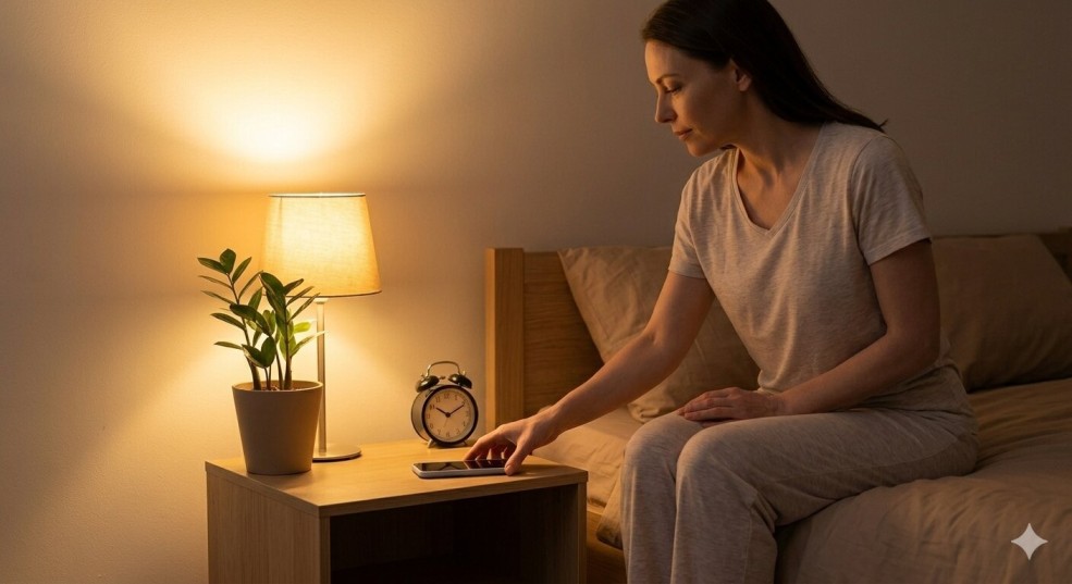 A healthcare worker winds down at home, placing her smartphone face down on a bedside table to achieve deep REM sleep after a 12-hour shift, following Healthy Habits.