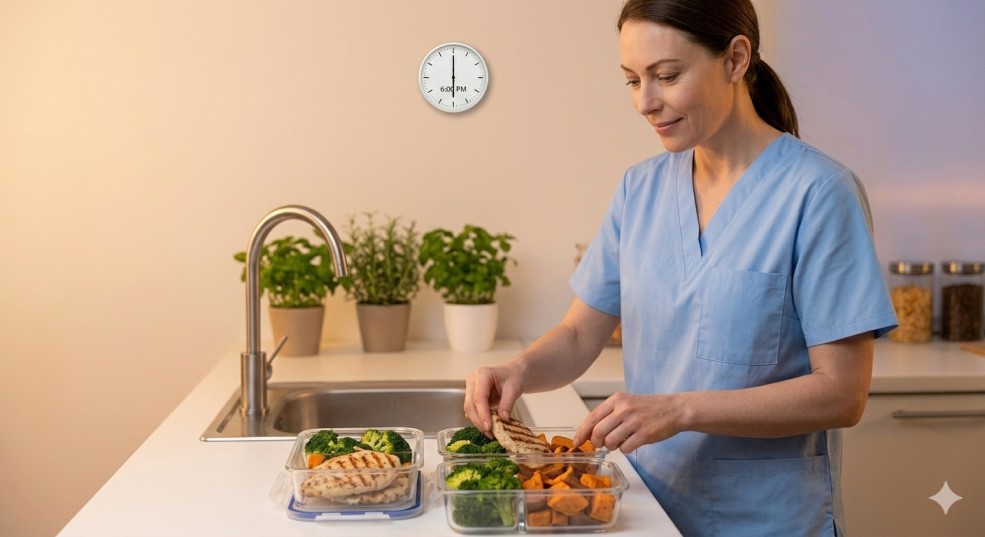 A healthcare worker in light blue scrubs prepares nutritious meal prep containers with balanced foods, illustrating essential Healthy Habits for a long 12-hour shift.