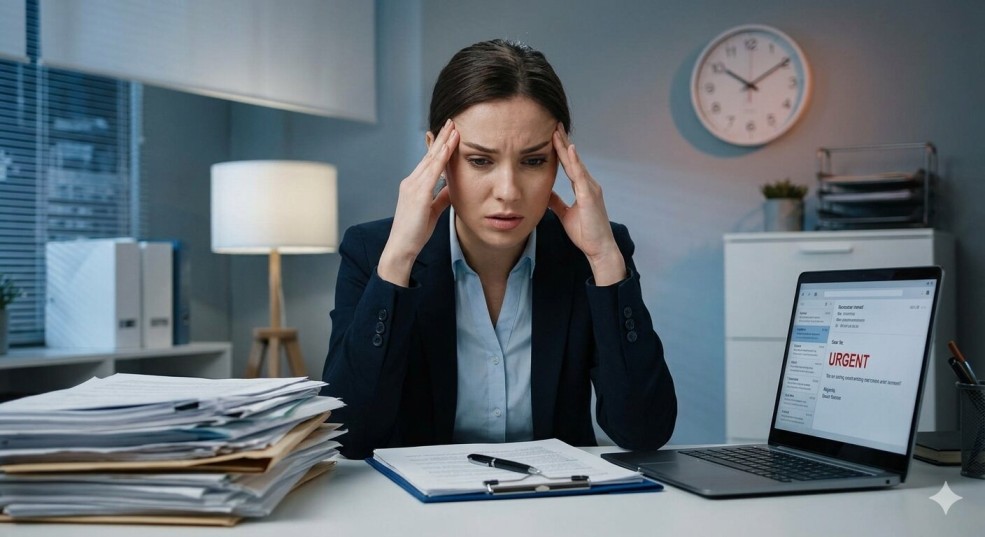 An overwhelmed woman in a dark office holds her head in frustration, illustrating the problem that leads people to search for "How to Reduce Stress Naturally".