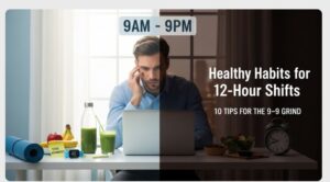 A worker maintaining Healthy Habits during a 12-hour shift with nutritious food and proper hydration.