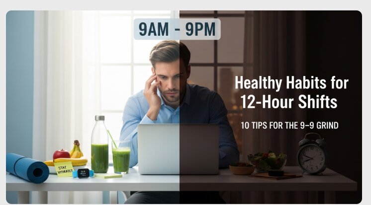 A worker maintaining Healthy Habits during a 12-hour shift with nutritious food and proper hydration.