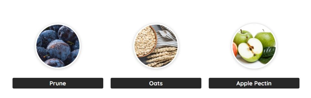 A natural ingredients visualization for GutOptim Review showing Prune, Oats, and Apple Pectin to aid digestive health.
