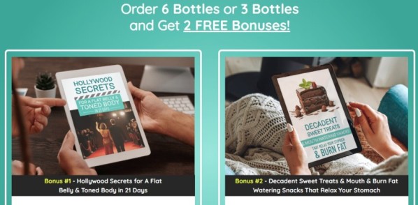 A promotional graphic for GutOptim Review showing two free bonus ebooks: Hollywood Secrets for a Flat Belly and Decadent Sweet Treats for gut health.