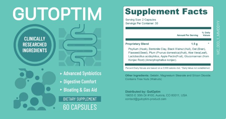 The official supplement facts label for GutOptim Review showing the 1.5g proprietary blend including Psyllium, Bentonite Clay, and L. Acidophilus.