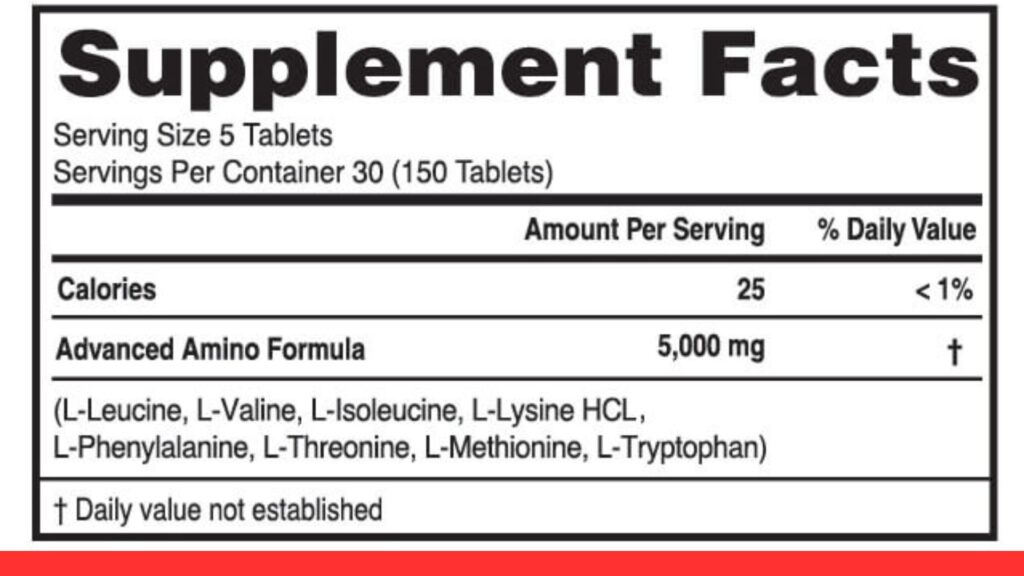 A "Supplement Facts" label for amino acid supplements showing an Advanced Amino Formula with 5,000 mg per serving, including L-Leucine, L-Valine, and L-Isoleucine.