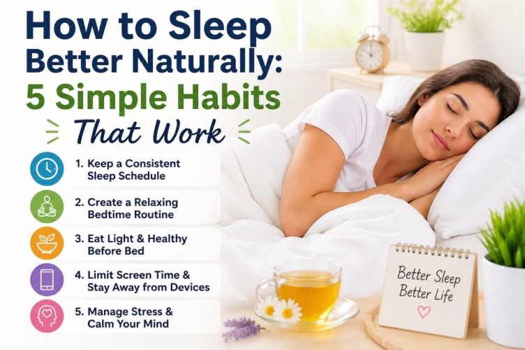 A peaceful bedroom scene showing a woman sleeping comfortably with tips on how to sleep better naturally using simple healthy nighttime habits.