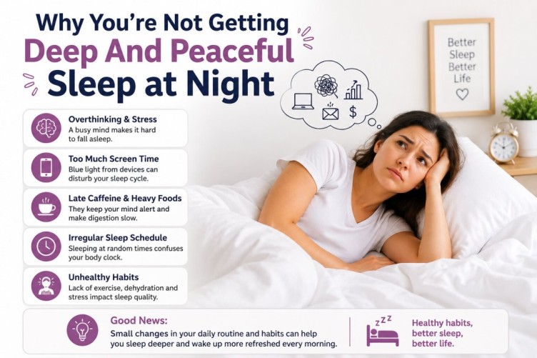 A stressed woman lying awake in bed at night showing common reasons why people struggle with deep sleep and how to sleep better naturally with healthy nighttime habits.