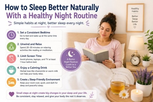 A calm bedtime routine scene showing a woman relaxing in bed with healthy nighttime habits that support how to sleep better naturally and improve deep peaceful sleep.