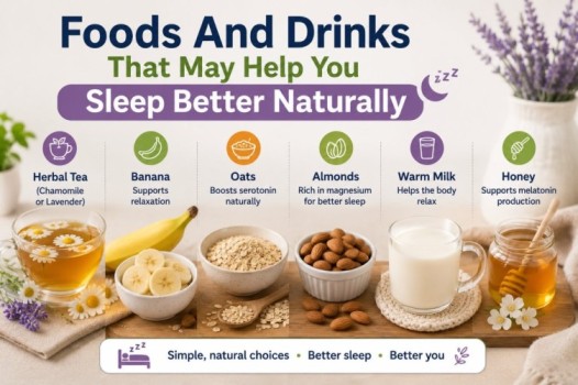Healthy foods and calming bedtime drinks like herbal tea, bananas, oats, almonds, and warm milk that may help support how to sleep better naturally and improve sleep quality.
