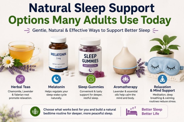 Natural sleep support options like herbal tea, sleep gummies, aromatherapy, and calming bedtime habits that may help support how to sleep better naturally and improve peaceful sleep.